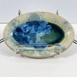 Aya Artisan Crystalline Glaze Oval Trinket Dish Blue Teal Handcrafted Pottery